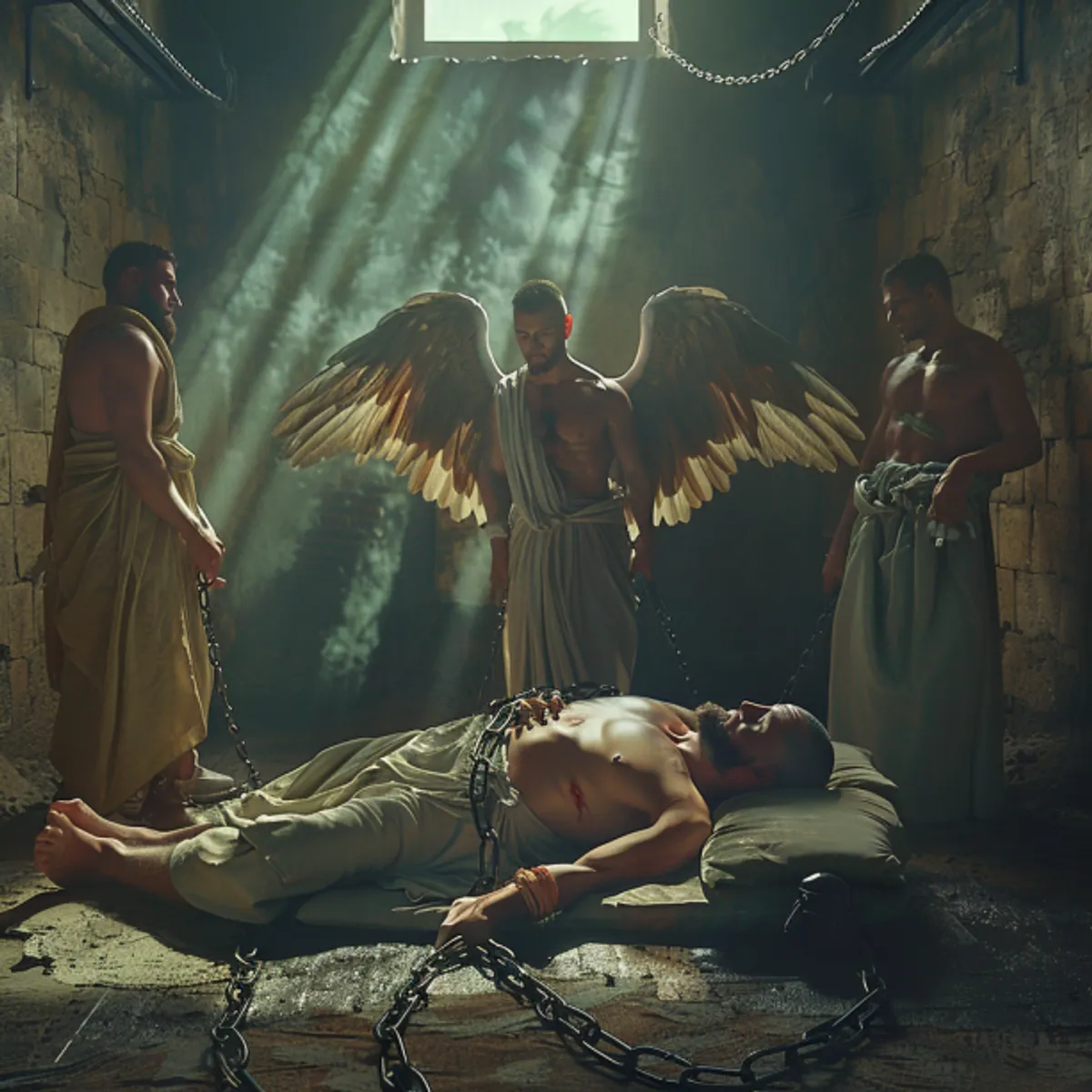 Teot 12:7 - Ja katso, Herran enkeli seisoi hänen tykönänsä ja kirkkaus paisti huoneessa, lykkäsi Pietaria kylkeen, herätti hänen ja sanoi: nouse nopiasti. Ja kahleet putosivat hänen käsistänsä.