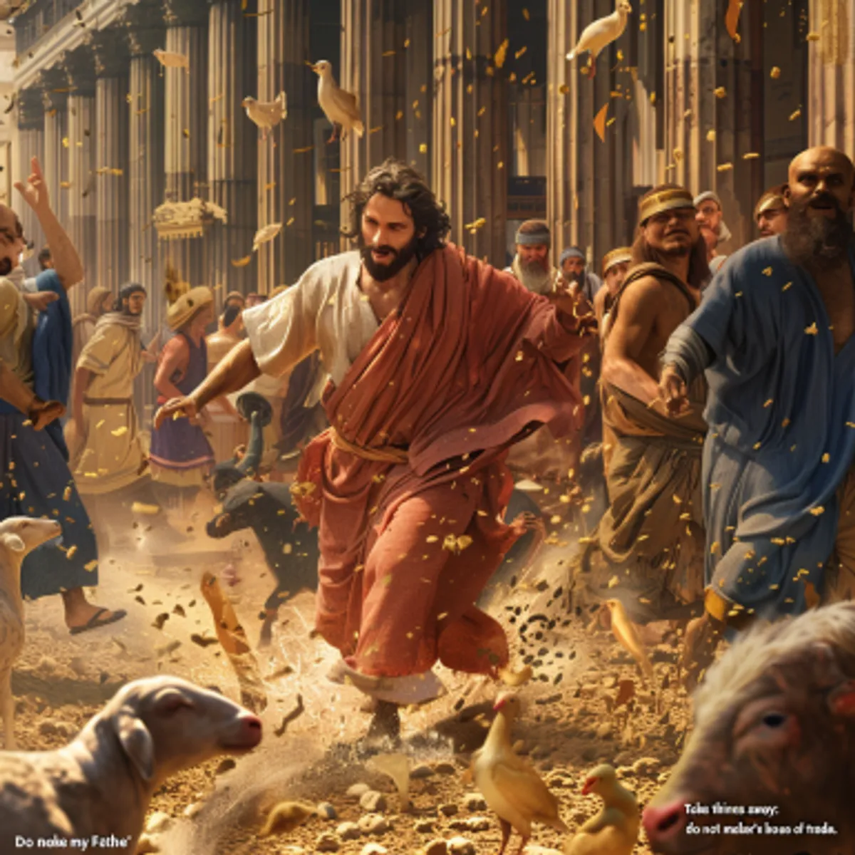 John 2:15 - And when he had made a scourge of small cords, he drove them all out of the temple, and the sheep, and the oxen; and poured out the changers' money, and overthrew the tables;