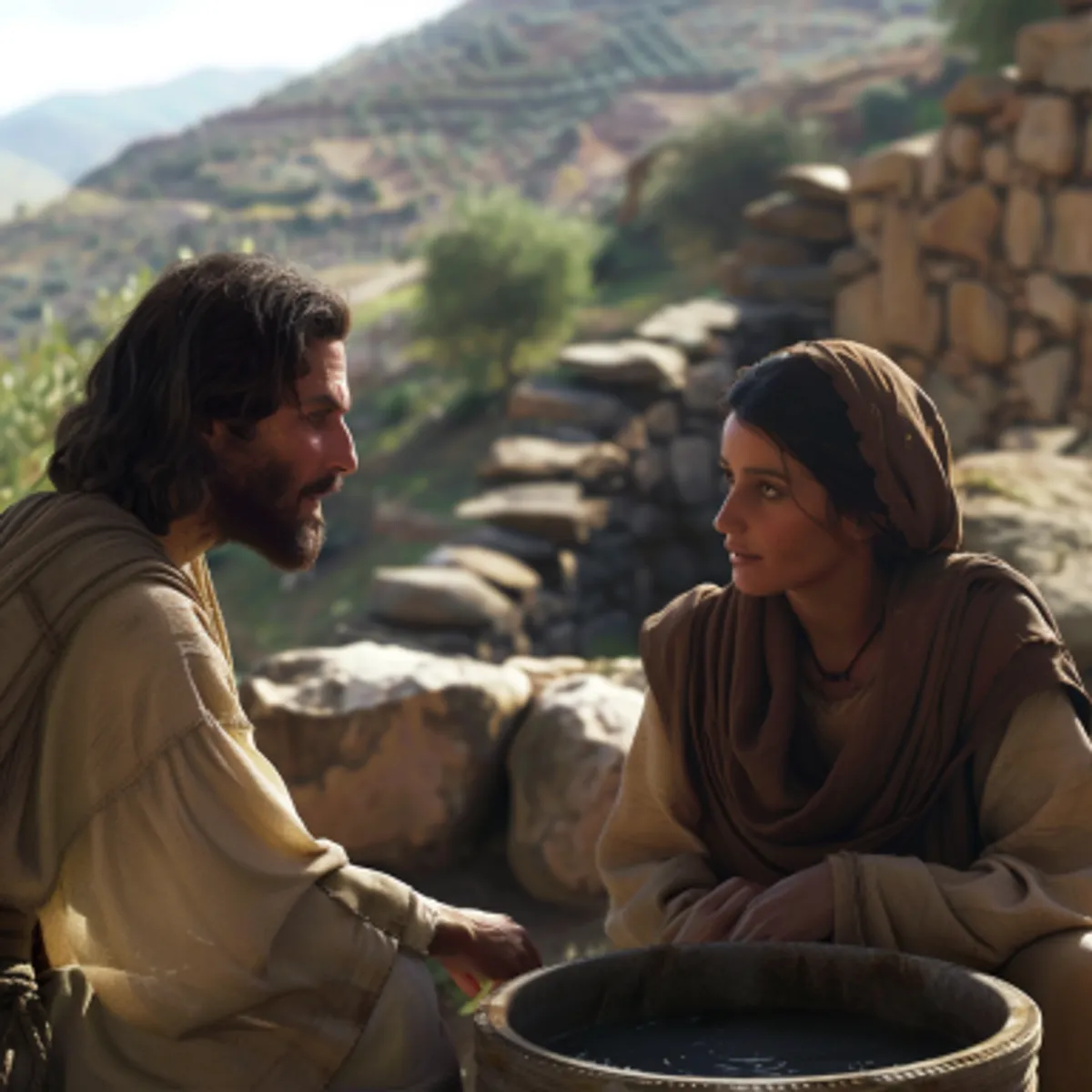 Johanneksen evankeliumi. 4:7 - Niin tuli yksi Samarian vaimo vettä ammentamaan, ja Jesus sanoi hänelle: anna minun juodakseni.