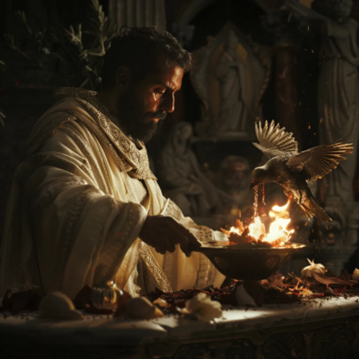 Levīša grāmatas 1:15 - Un priesterim to būs nest pie altāra un galvu nokniebt un uz altāra iededzināt, un viņa asinis būs izspaidīt pie altāra sienas.