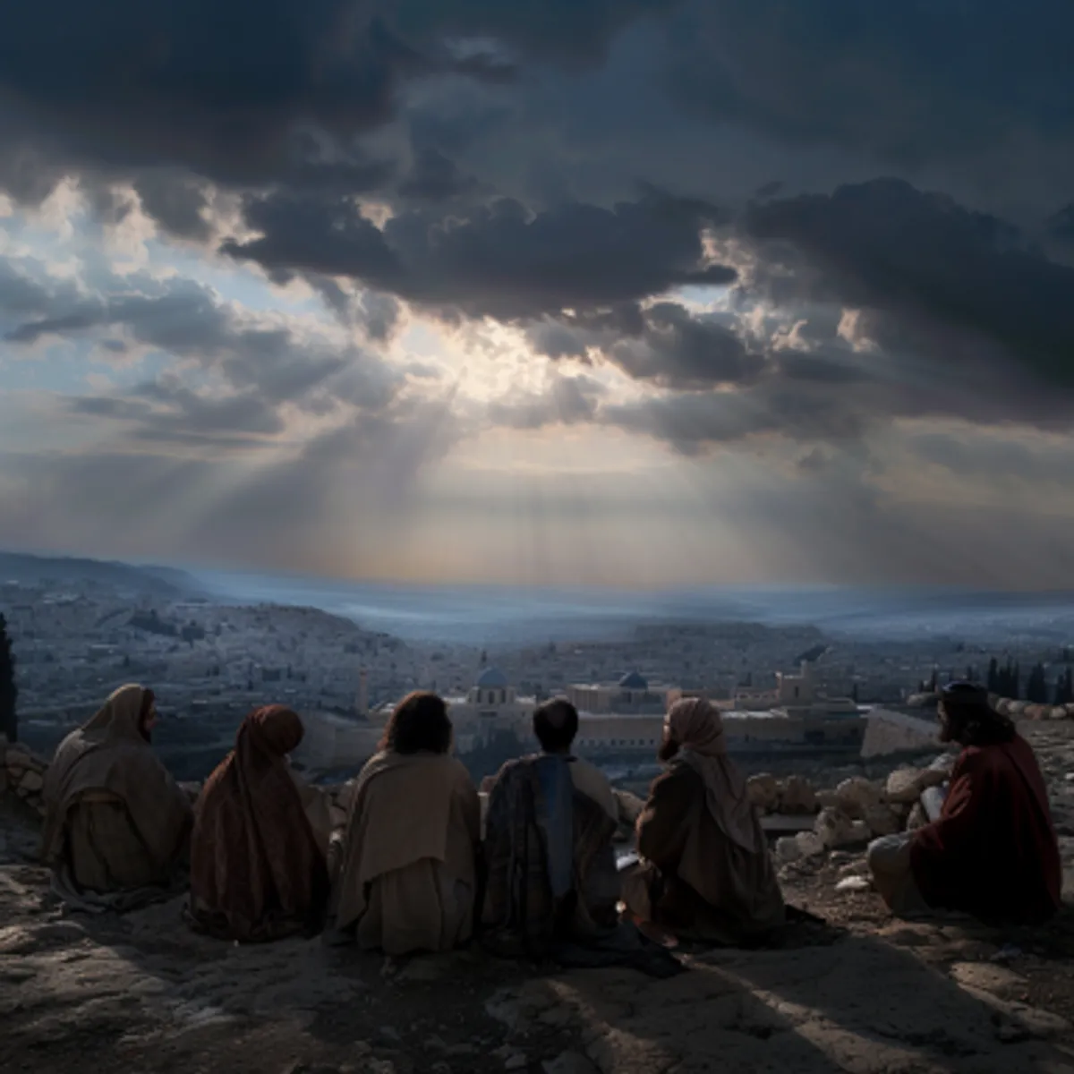 Марк 13:3 - И когда Он сидел на горе Елеонской против храма, спрашивали Его наедине Петр, и Иаков, и Иоанн, и Андрей: