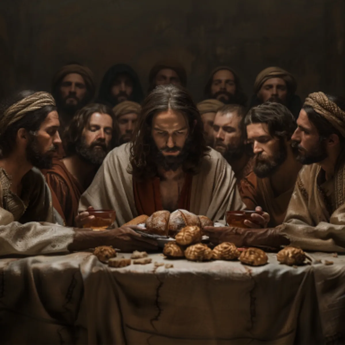 Marcos 14:22 - Y estando ellos comiendo, tomó Jesús pan, y bendiciendo, partió y les dió, y dijo: Tomad, esto es mi cuerpo.