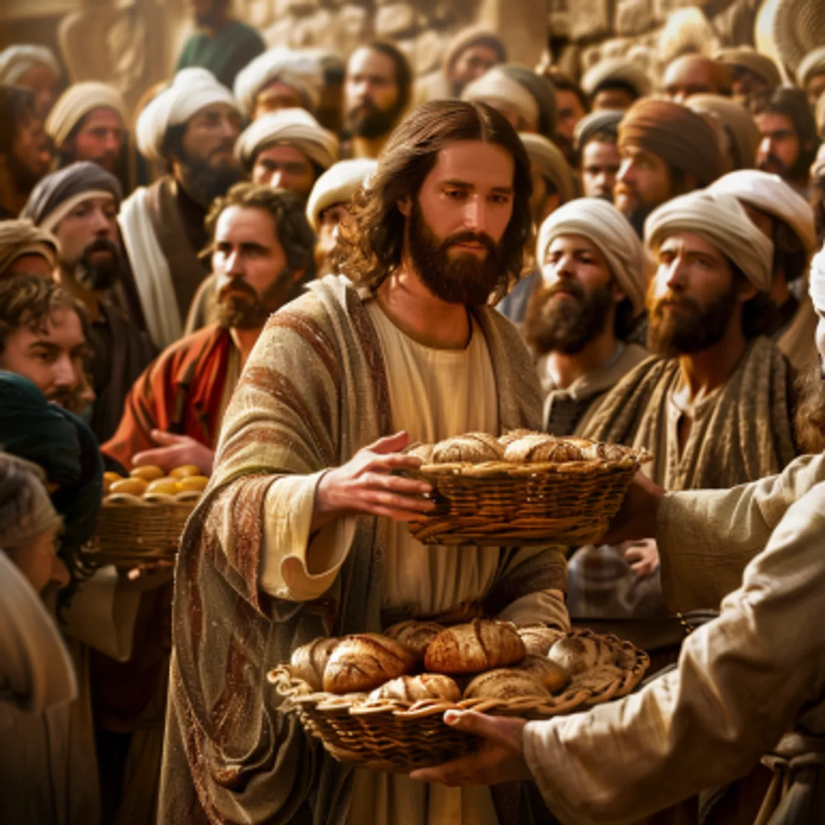 マルコによる福音書 8:6 - イエス群衆に命じて地に坐せしめ、七つのパンを取り、謝して之を裂き、弟子たちに與へて群衆の前におかしむ。弟子たち乃ちその前におく。