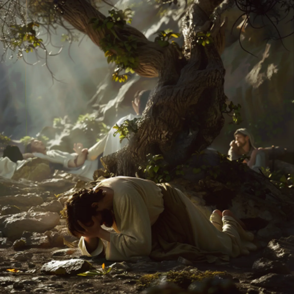 Matthieu 26:36 - Là-dessus, Jésus alla avec eux dans un lieu appelé Gethsémané, et il dit aux disciples: Asseyez-vous ici, pendant que je m'éloignerai pour prier.