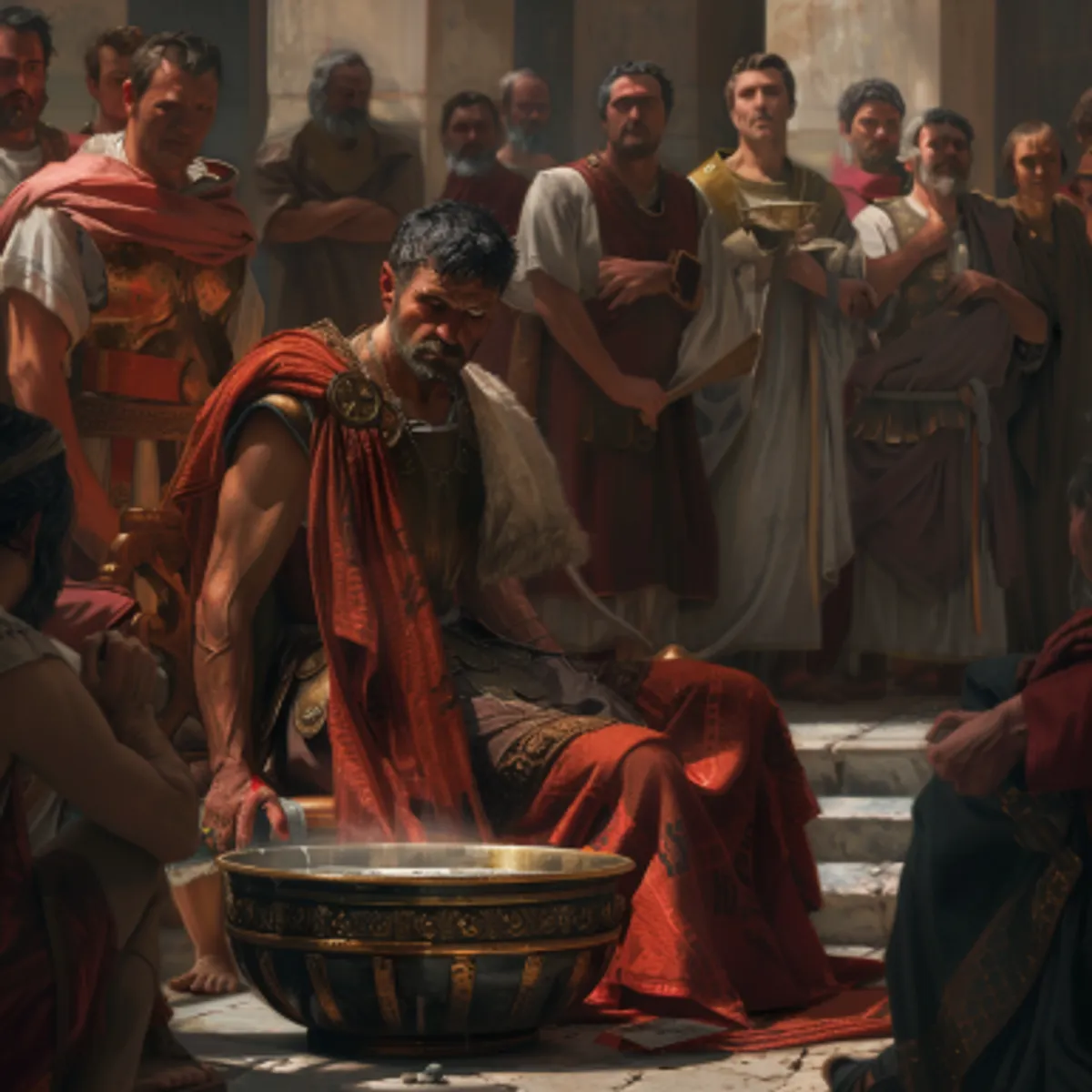 마태복음 27:24 - 빌라도가 아무 효험도 없이 도리어 민란이 나려는 것을 보고 물을 가져다가 무리 앞에서 손을 씻으며 가로되 `이 사람의 피에 대하여 나는 무죄하니 너희가 당하라'