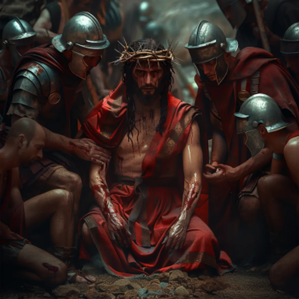 마태복음 27:27 - 이에 총독의 군병들이 예수를 데리고 관정 안으로 들어가서 온 군대를 그에게로 모으고