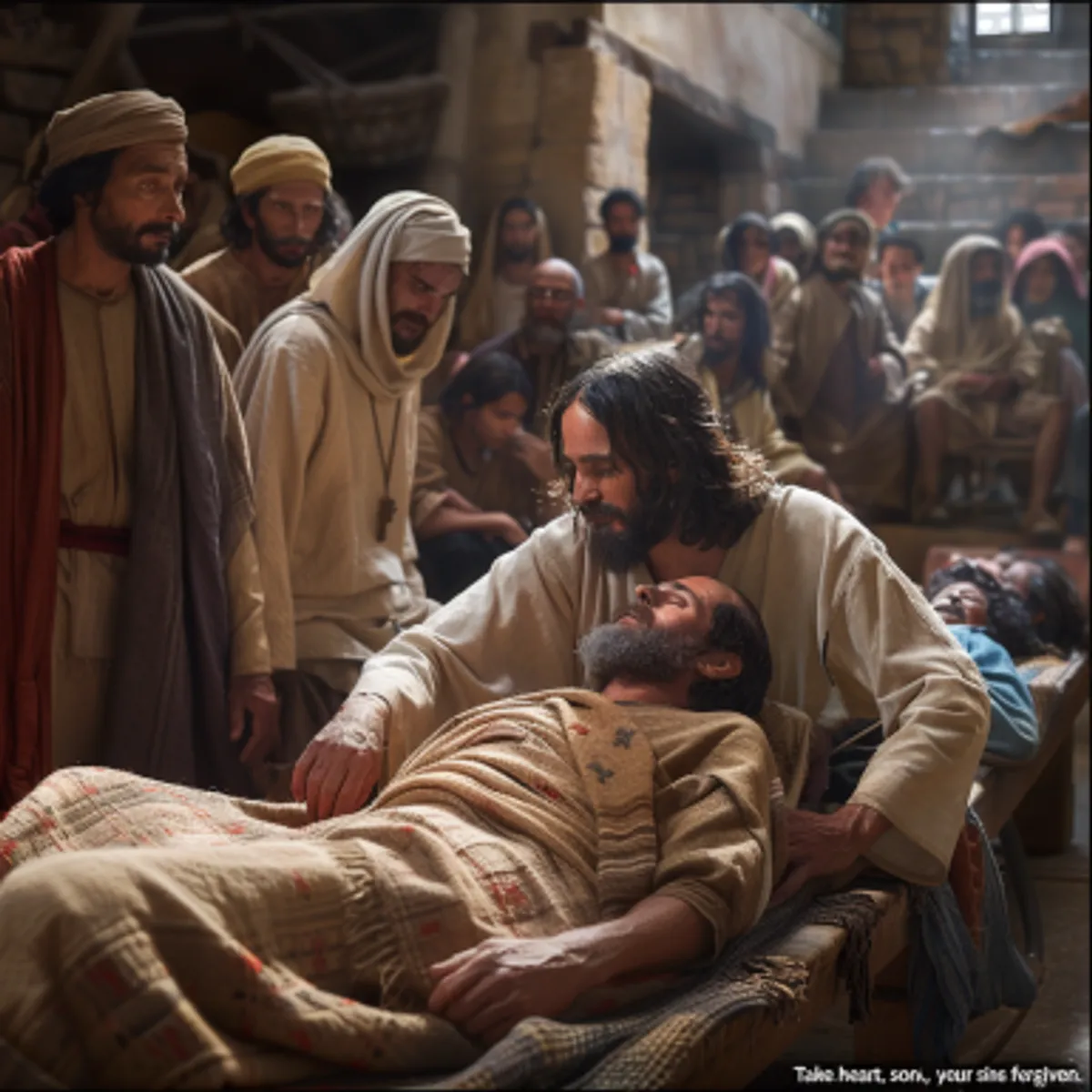 Matteo 9:2 - ED ecco, gli fu presentato un paralitico che giaceva in letto. E Gesù, veduta la fede loro, disse al paralitico: Figliuolo, sta’ di buon cuore, i tuoi peccati ti son rimessi.